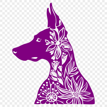 A detailed illustration of a Doberman Pinscher's head with ornate floral patterns surrounding it.