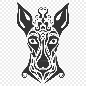 Vector illustration of a Doberman Pinscher's head with ornate details, suitable for commercial or personal use as clip art.