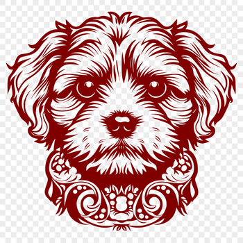 A detailed illustration of a small dog's head with an ornate design.