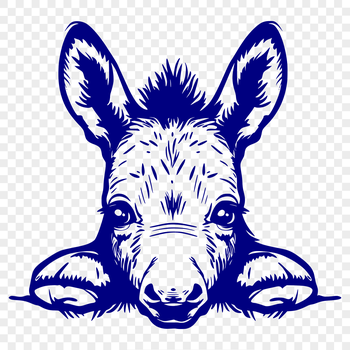A cartoon donkey's head is peeking out from behind a tree branch, created as a vector image.