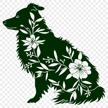 A full-body illustration of a sitting Australian Shepherd dog on a floral background.