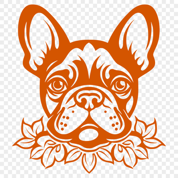 A vector illustration of a French Bulldog's head with floral patterns surrounding it.