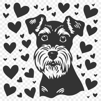 A cartoon miniature dog with a friendly expression and love hearts surrounding its head, suitable for pet owners.