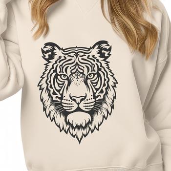 A detailed illustration of a tiger's head with intricate patterns and lines, suitable for vector art designs.