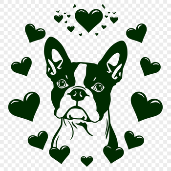 A stylized illustration of a Boston Terrier's head with heart motifs surrounding it.