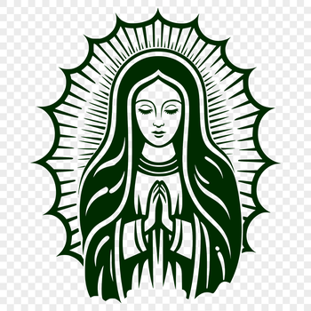 A detailed illustration of the Virgin Mary in ornate religious attire.