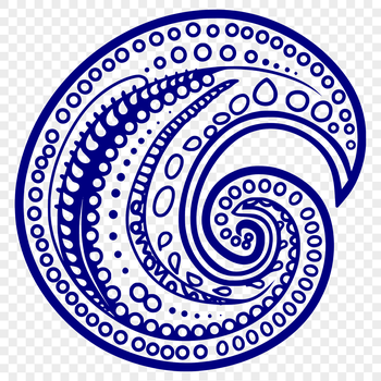 A stylized paisley design featuring intricate patterns and shapes.