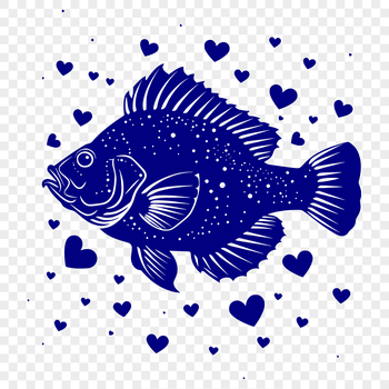 A full-body illustration of a fish with love hearts surrounding it.