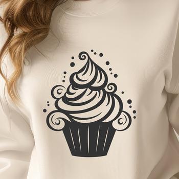 A simple design illustration of a single cupcake with frosting and decorations.