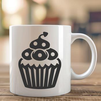 A vector design representation of a decorated cake in the shape of a single serving cupcake.