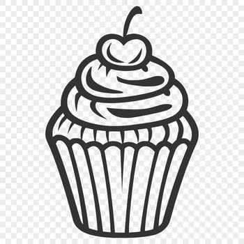 A stylized illustration of a cupcake with frosting and sprinkles.