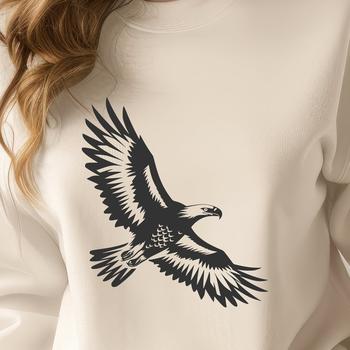 An illustration of a majestic eagle in mid-flight, its wings spread wide.