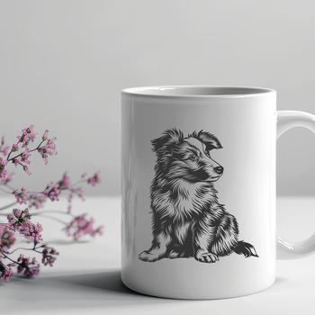 A sitting Shetland sheepdog with a calm demeanor.