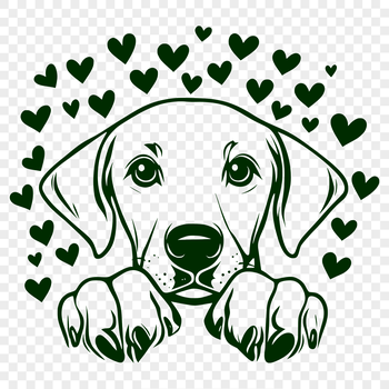 A stylized illustration of a Weimaraner dog's face with love hearts, suitable for digital design projects.