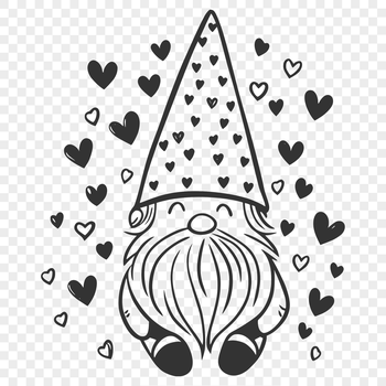 A full-body mythical creature sitting with intricate love hearts, depicted as a knome.