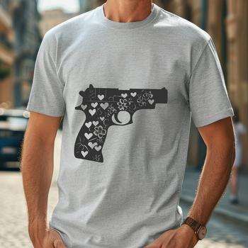 Illustrated pistol design with heart motifs, suitable for vector graphics projects.