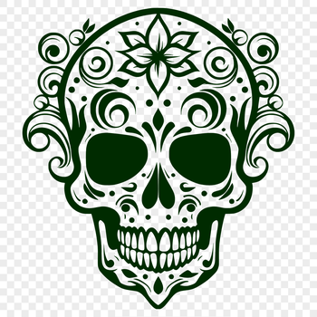 A stylized skull illustration with a witch's hat and broomstick, surrounded by autumnal elements.