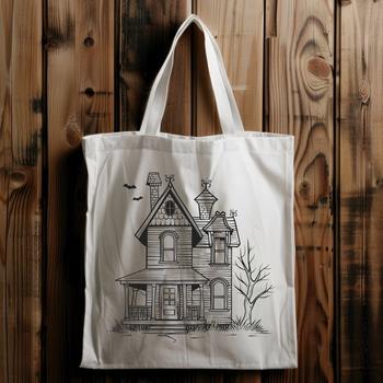 Haunted house silhouette with witchcraft elements on a dark background.