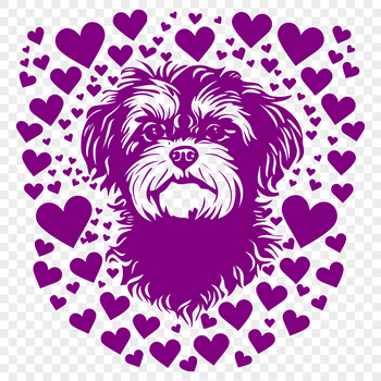 A Havanese dog's head with love hearts around its face, suitable for use in digital design projects.