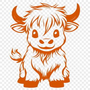 A standing Highland cow with distinctive shaggy coat and long horns.