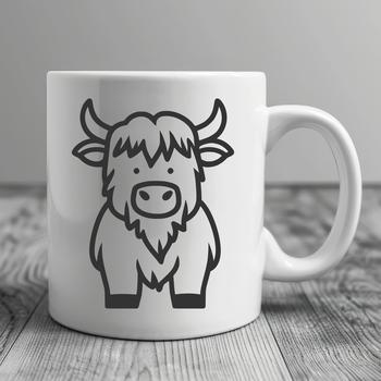 A highland cow standing on a grassy farm landscape, with its distinctive shaggy coat and horns.