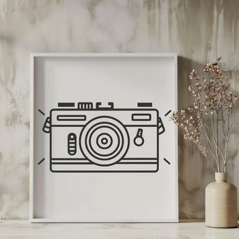 A digital camera with lens and buttons, suitable for vector graphics design.