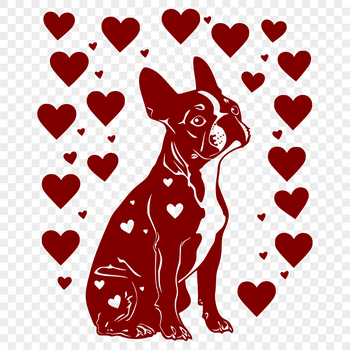 A full-body illustration of a sitting Boston Terrier with heart motifs.