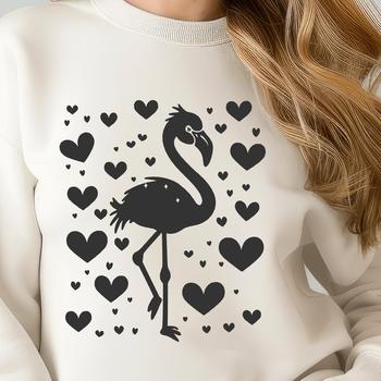 A stylized illustration of a full-body flamingo with love hearts incorporated into its design.