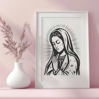 A detailed illustration of the Virgin Mary in ornate attire, suitable for religious or cultural contexts.