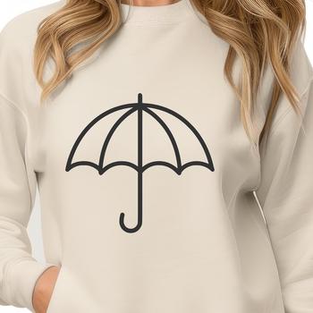 A simple line drawing of a colorful umbrella with a rainy background.