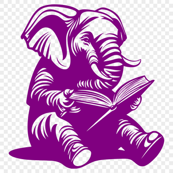 An illustration of an elephant sitting on a savannah reading a book from a stack of books next to it.