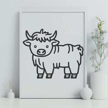 A standing Highland cow with shaggy coat and curved horns, depicted in a simple vector illustration.