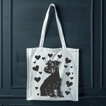 A cute, cartoon-style miniature schnauzer sitting upright on its hind legs with love hearts around it.