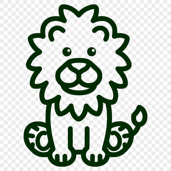 A simple line drawing of a lion in full body pose, sitting comfortably with its head held high.