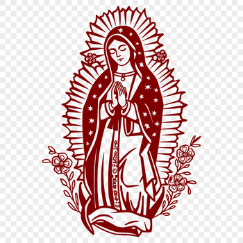 A traditional depiction of the Virgin Mary in ornate attire with floral patterns.