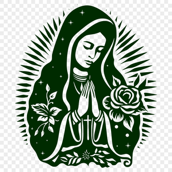 A stylized illustration of the Virgin Mary surrounded by ornate floral patterns in a traditional religious art style.