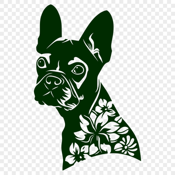 A close-up illustration of a Boston Terrier's head with a floral pattern in the background.