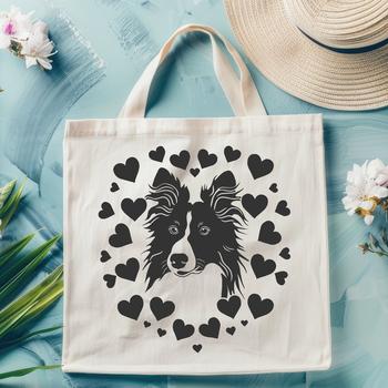 A detailed vector illustration of a Shetland Sheepdog's head with love hearts incorporated into the design.