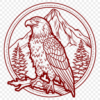 A detailed illustration of a majestic eagle perched on a branch, showcasing its full body from head to tail feathers.