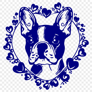 A cartoon-style illustration of a happy Boston Terrier's head surrounded by heart shapes.