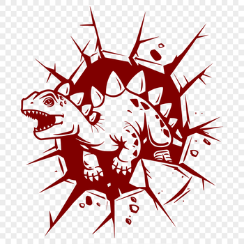 A prehistoric dino smashing through a wall in a full-body illustration.