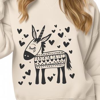 A donkey standing on all fours with a heart around its neck.