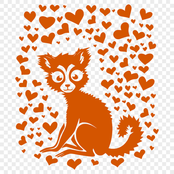 A full-body illustration of a lemur with heart symbols surrounding its body.