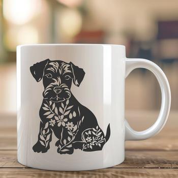 Close-up illustration of a full-bodied Miniature Schnauzer sitting in front of floral elements.