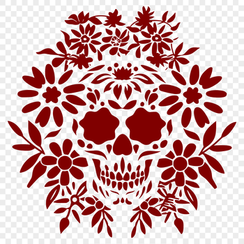 A stylized skull design with floral elements and bold lines.