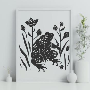 Vector illustration of a toad from multiple angles with floral details.