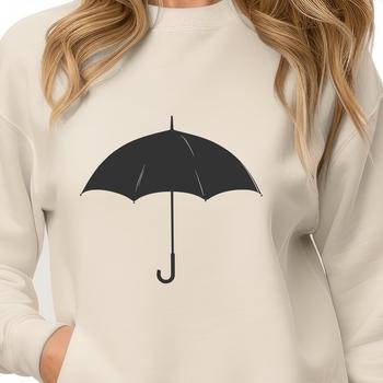 A black silhouette of an open umbrella against a blue sky with white clouds.