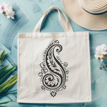 A stylized paisley motif featuring intricate ornate details and symmetrical patterns.