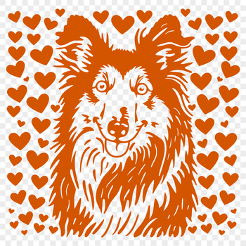 A small Shetland sheepdog breed dog with heart-shaped decorations around its head.