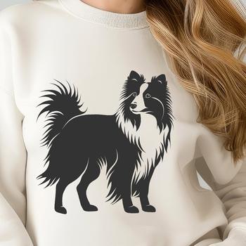 A breed standard illustration of the Shetland Sheepdog standing upright on its hind legs.